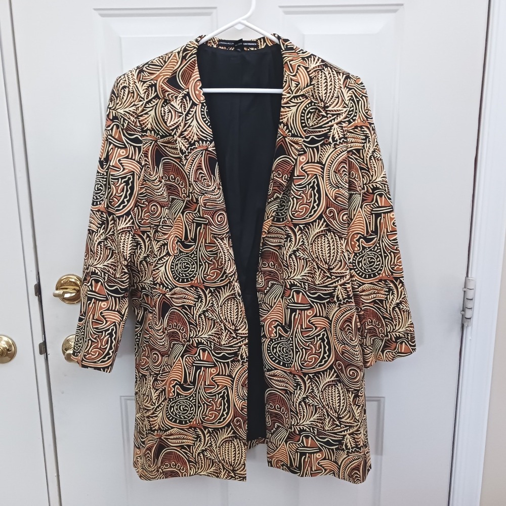 Linda Allard Ellen Tracy Abstract Tribal Print Longline Blazer Brown Tan Sz 14